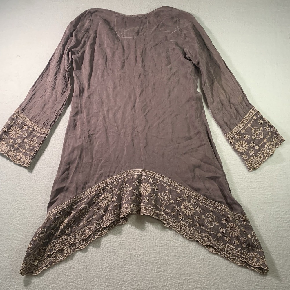 Johnny Was Brown Embroidered Asymmetrical V-neck Tunic Top Size S - Picture 9 of 11